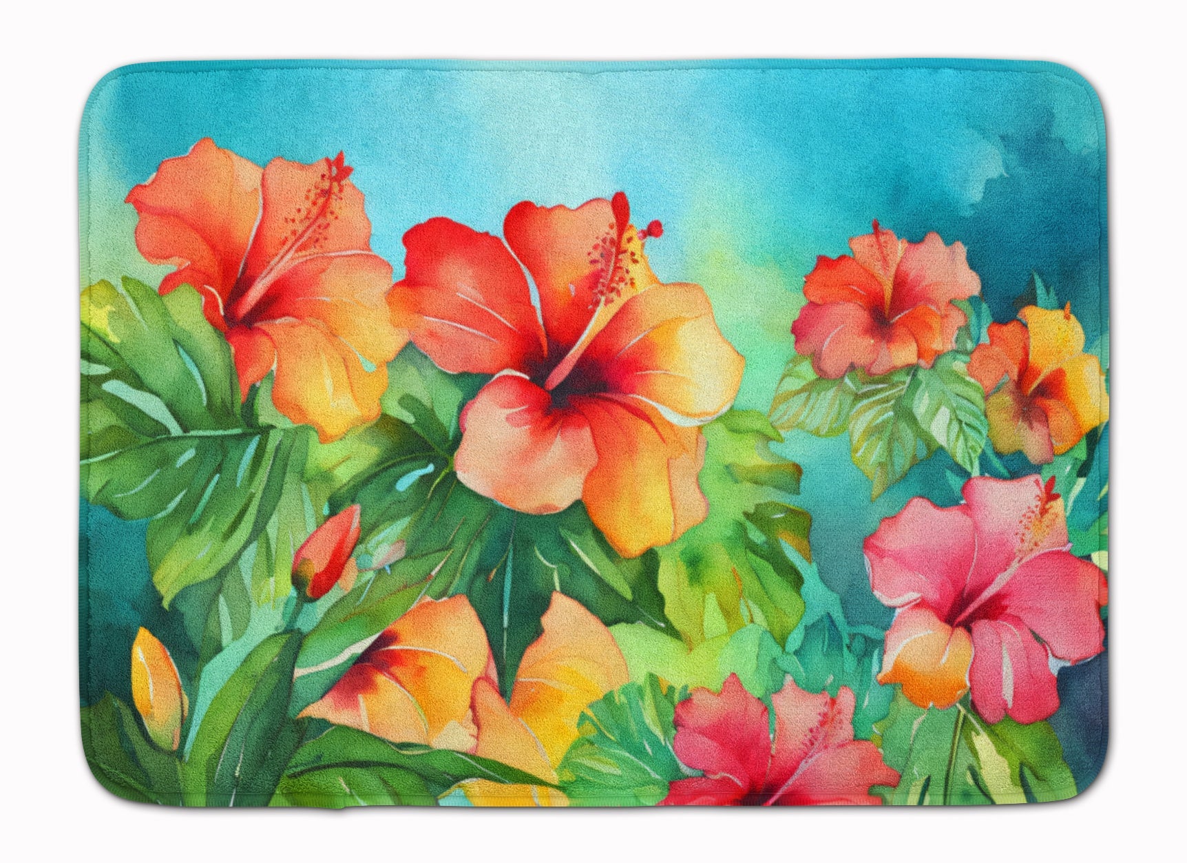 Hawaii Hawaiian Hibiscus in Watercolor Memory Foam Kitchen Mat Machine Washable Anti-Fatigue Cushion Comfort Bath or Kitchen Rug
