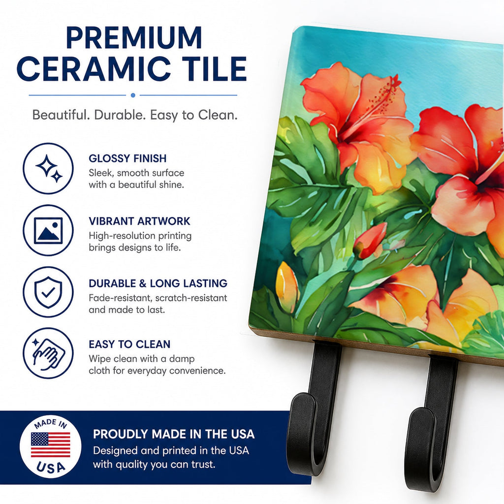 Hawaii Hawaiian Hibiscus in Watercolor Leash or Key Holder Wall Hooks, Coat Rack Wall Mount, for Hanging Keys, Towels, Aprons, Leashes