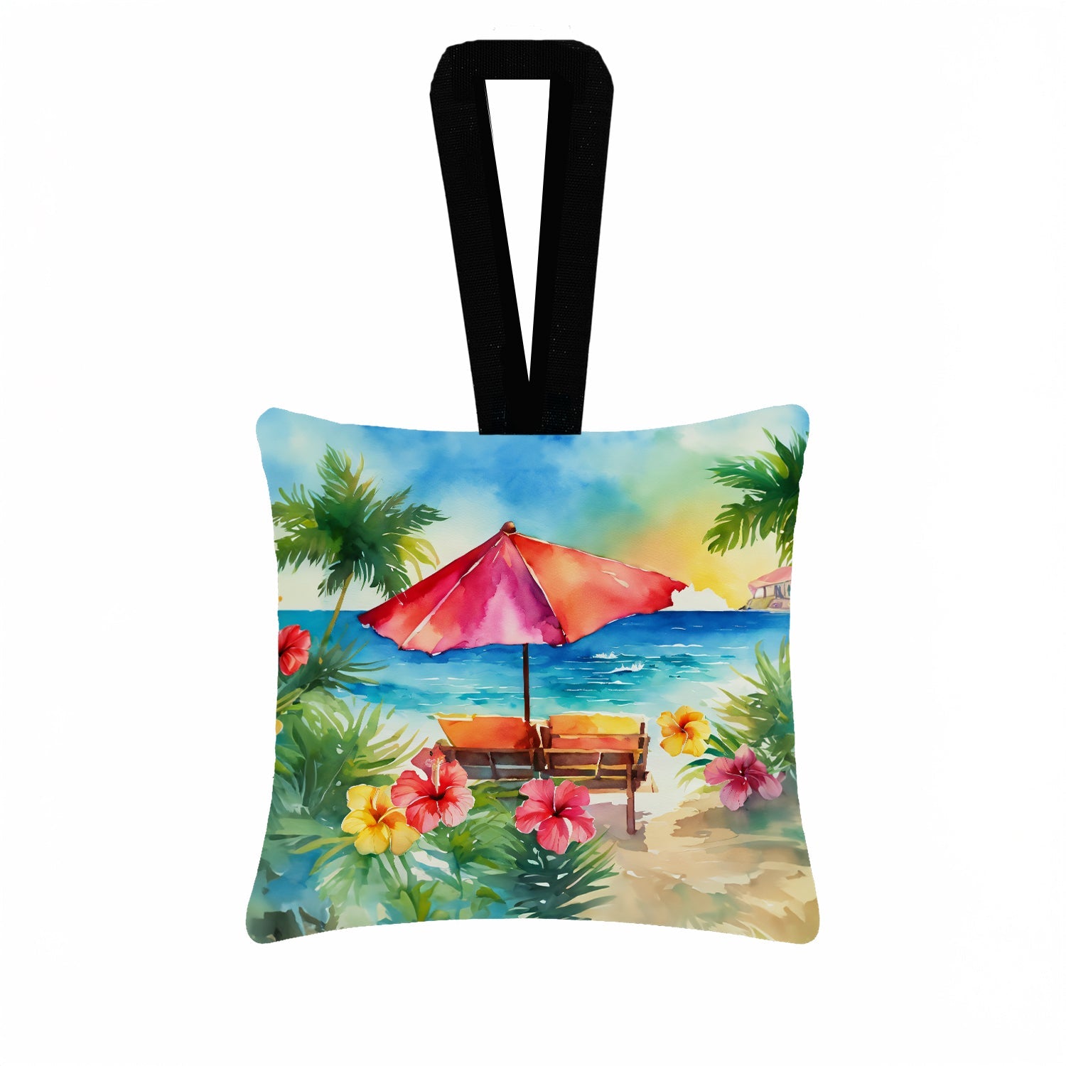 Hawaii Hawaiian Hibiscus in Watercolor Hanging Square Fabric Ornament 3.5 × 3.5 Decorative Door-Knob & Tree Hanger, Soft Fabric