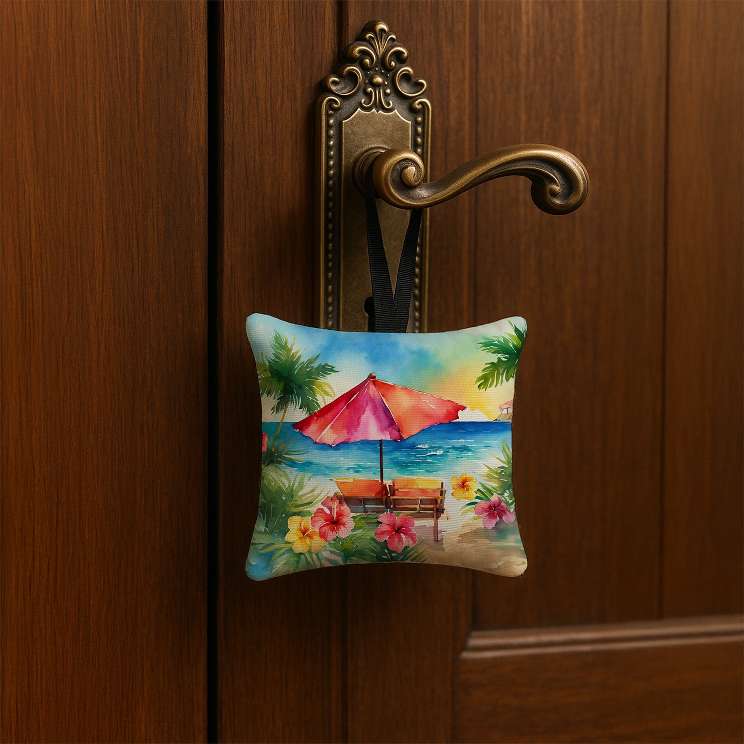 Hawaii Hawaiian Hibiscus in Watercolor Hanging Square Fabric Ornament 3.5 × 3.5 Decorative Door-Knob & Tree Hanger, Soft Fabric
