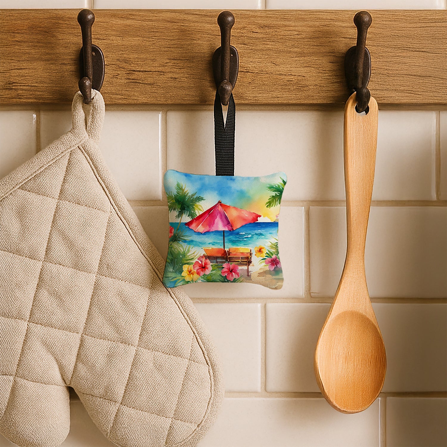 Hawaii Hawaiian Hibiscus in Watercolor Hanging Square Fabric Ornament 3.5 × 3.5 Decorative Door-Knob & Tree Hanger, Soft Fabric