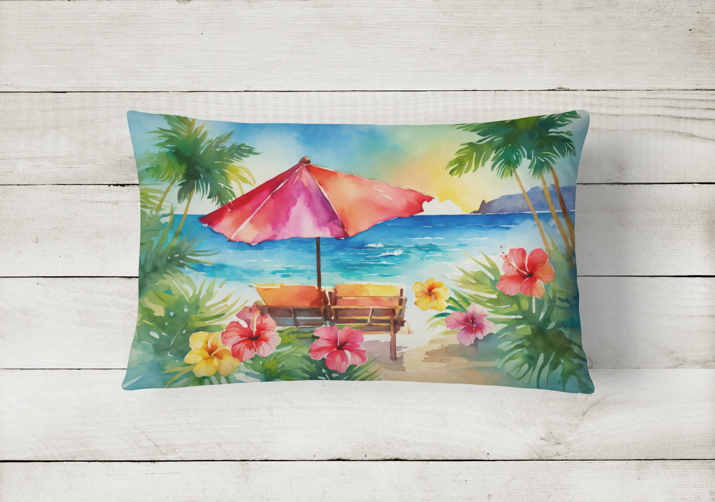 Hawaii Hawaiian Hibiscus in Watercolor Decorative Throw Pillow 12x16 Indoor Outdoor Accent Cushion, Fabric Cover with Insert for Sofa, Bed, Porch & Living Room