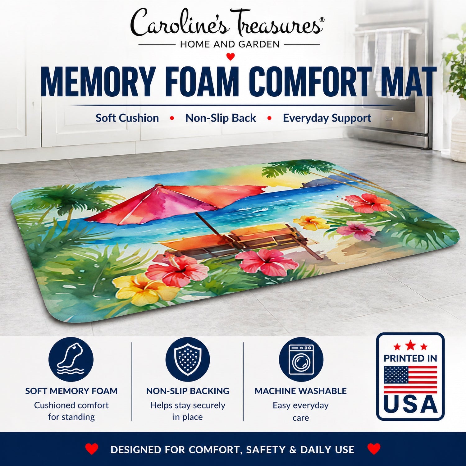 Hawaii Hawaiian Hibiscus in Watercolor Memory Foam Kitchen Mat Machine Washable Anti-Fatigue Cushion Comfort Bath or Kitchen Rug