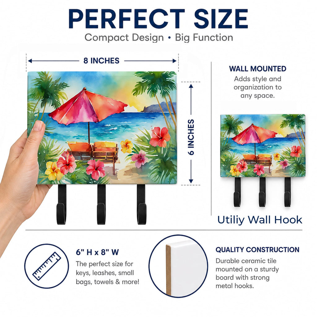 Hawaii Hawaiian Hibiscus in Watercolor Leash or Key Holder Wall Hooks, Coat Rack Wall Mount, for Hanging Keys, Towels, Aprons, Leashes