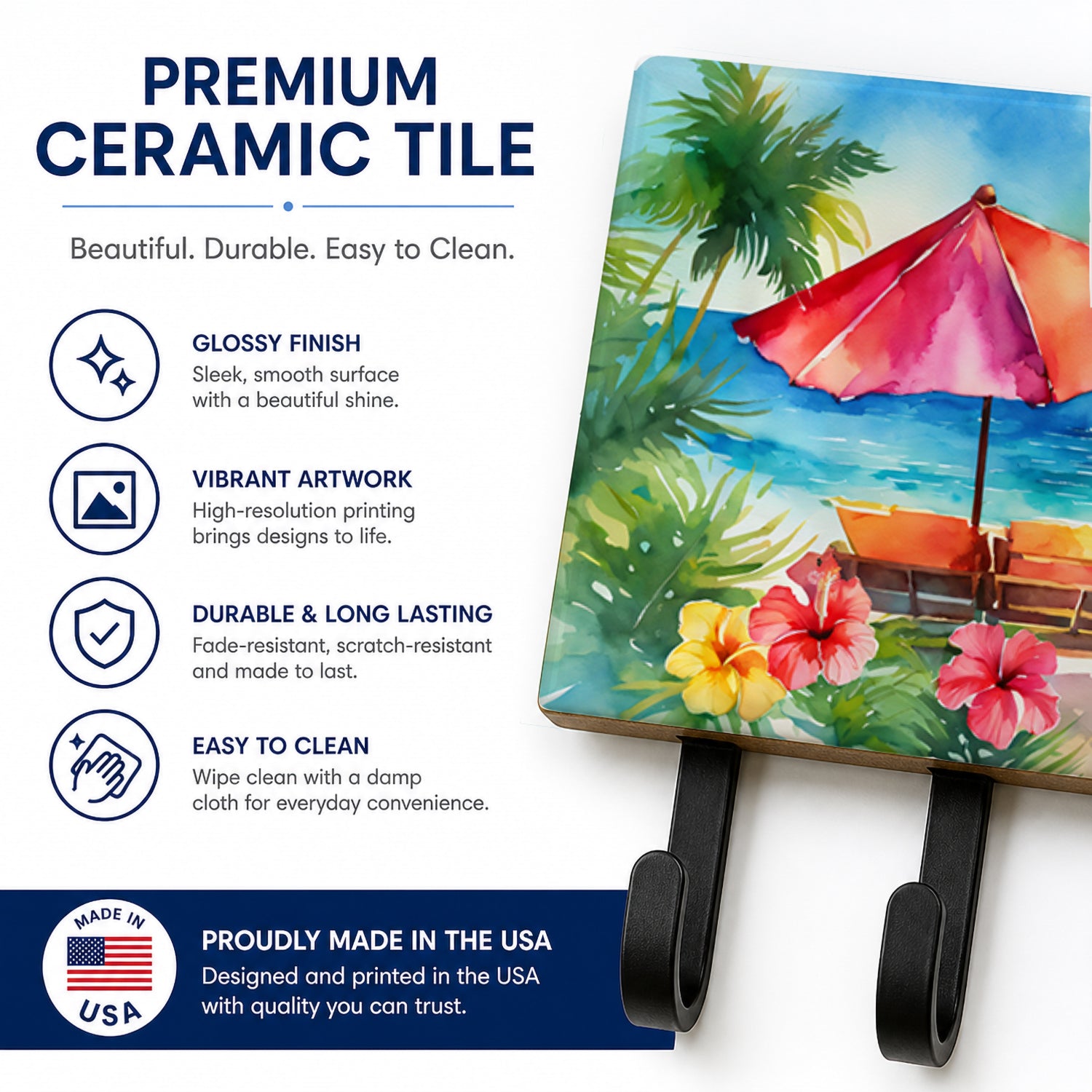 Hawaii Hawaiian Hibiscus in Watercolor Leash or Key Holder Wall Hooks, Coat Rack Wall Mount, for Hanging Keys, Towels, Aprons, Leashes