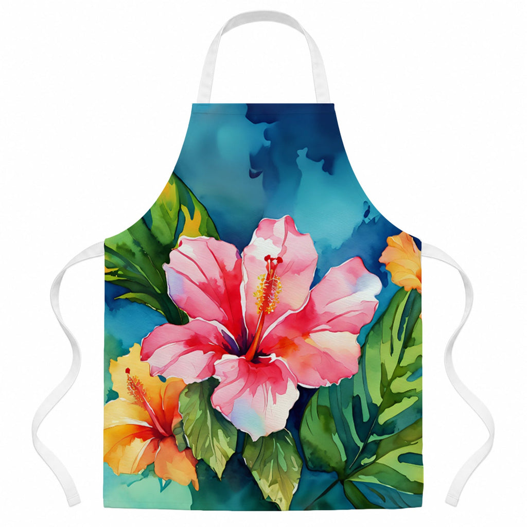 Hawaii Hawaiian Hibiscus in Watercolor Apron Cooking Kitchen Server Baking Crafts Gardening for Adult Women Men, Unisex, Large, Multicolor