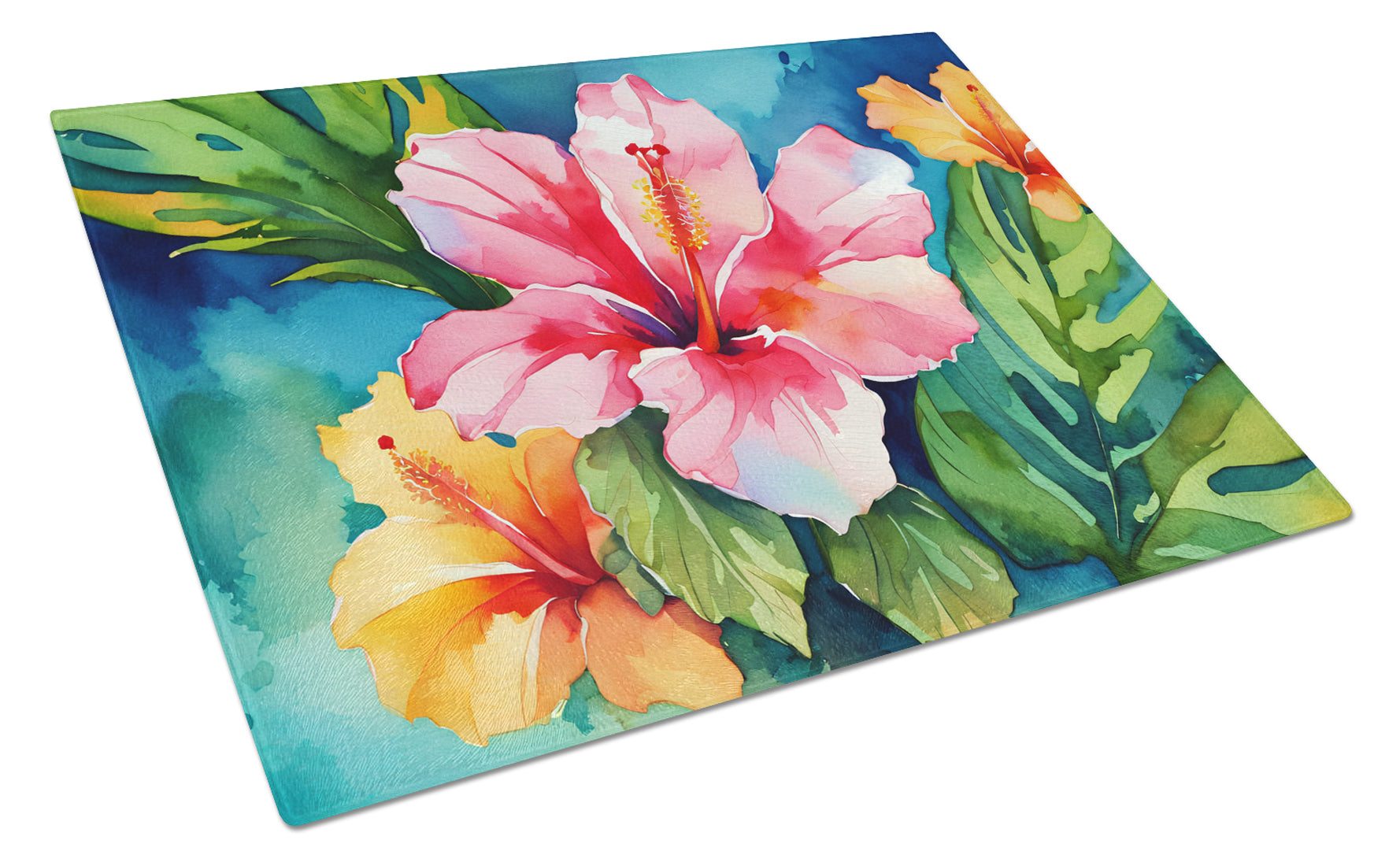 Hawaii Hawaiian Hibiscus in Watercolor Cutting Board Tempered Glass Kitchen Cutting Surface, Heat Resistant Chopping, Non-Slip Feet, Food Prep & Serving