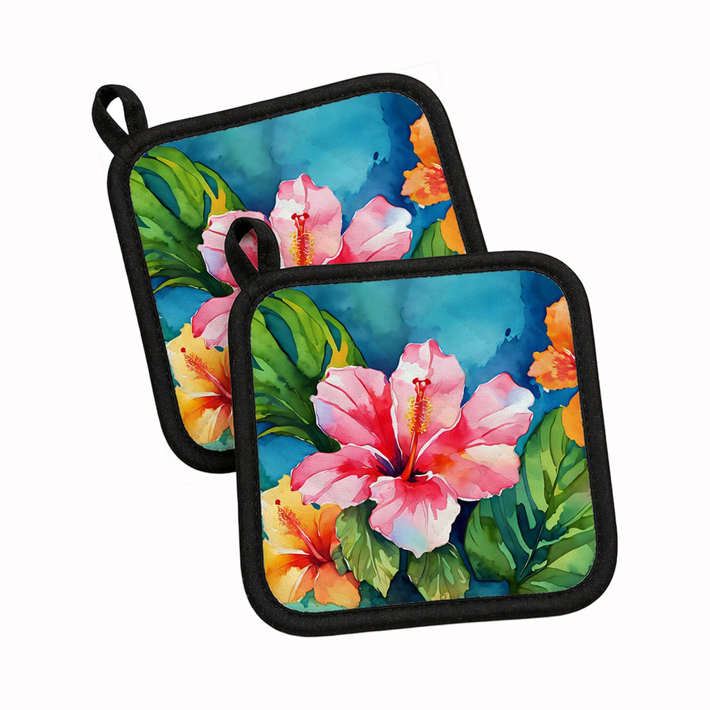 Hawaii Hawaiian Hibiscus in Watercolor Pot Holder Set of 2 Heat Resistant Quilted Hot Pads 7.5 x 7.5 Inch, Insulated Kitchen Trivets for Cooking & Baking