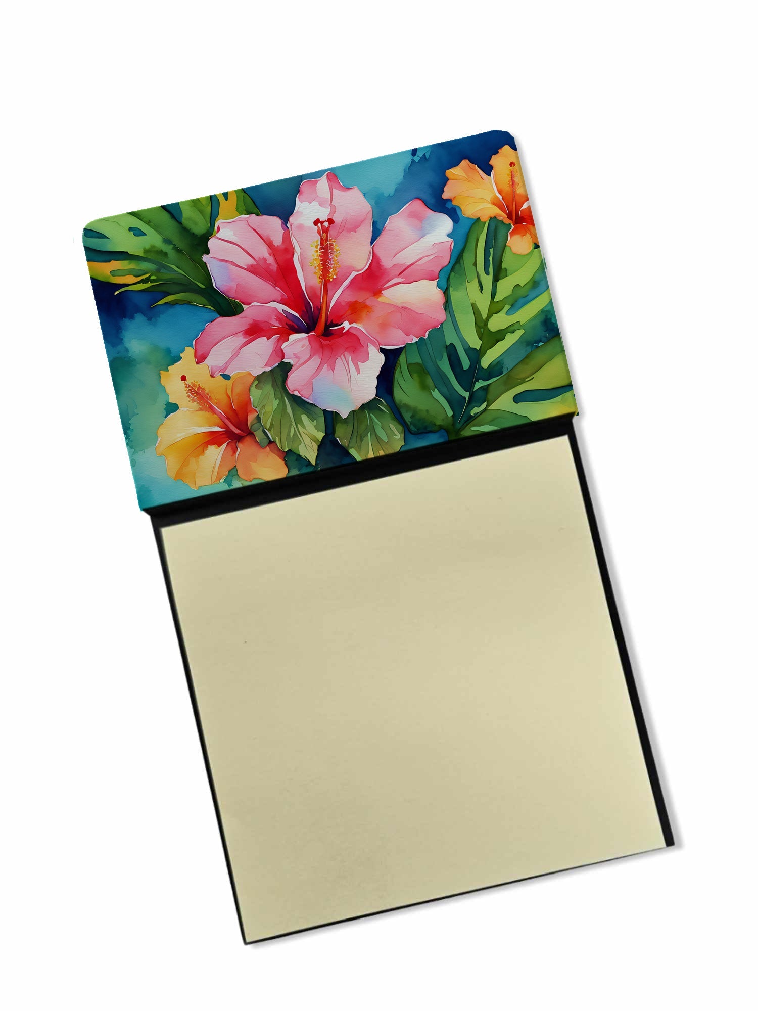 Hawaii Hawaiian Hibiscus in Watercolor Watercolor Sticky Note Holder Refillable Dispenser Desk Accessory 3x3 Pad Gift