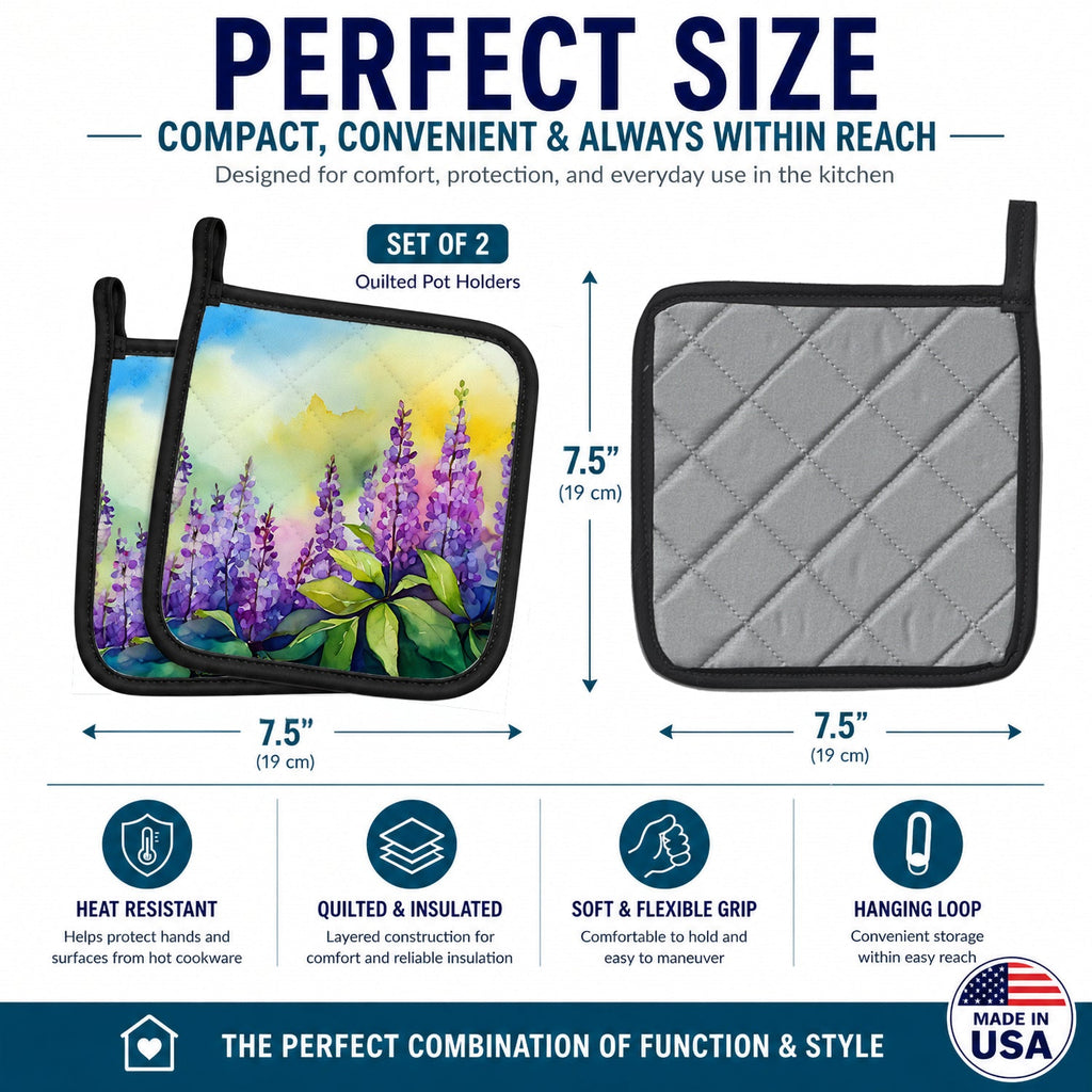 Idaho Syringa in Watercolor Pot Holder Set of 2 Heat Resistant Quilted Hot Pads 7.5 x 7.5 Inch, Insulated Kitchen Trivets for Cooking & Baking