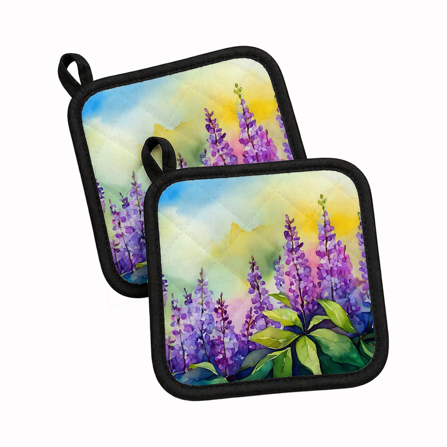 Idaho Syringa in Watercolor Pot Holder Set of 2 Heat Resistant Quilted Hot Pads 7.5 x 7.5 Inch, Insulated Kitchen Trivets for Cooking & Baking