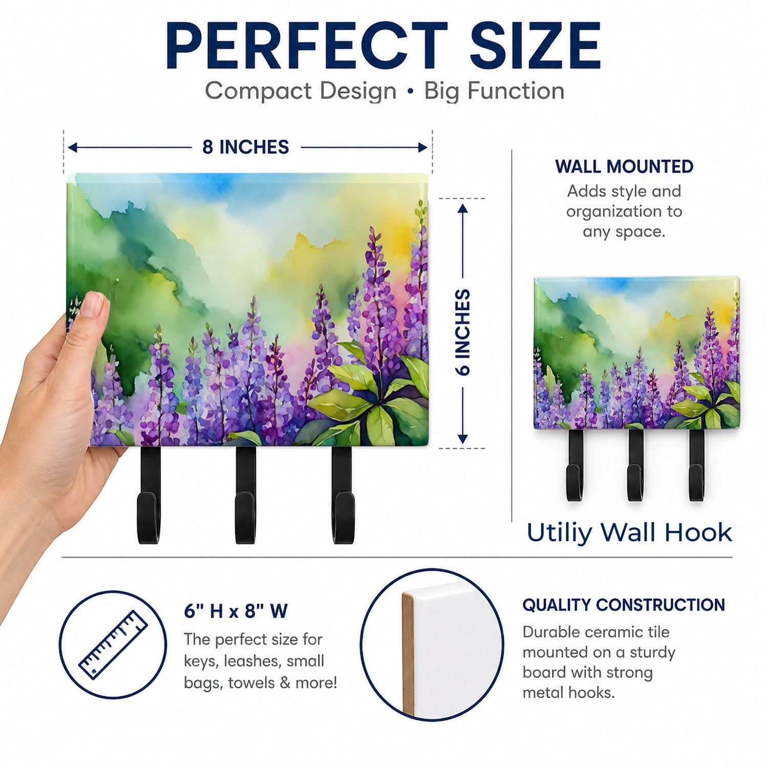 Idaho Syringa in Watercolor Leash or Key Holder Wall Hooks, Coat Rack Wall Mount, for Hanging Keys, Towels, Aprons, Leashes