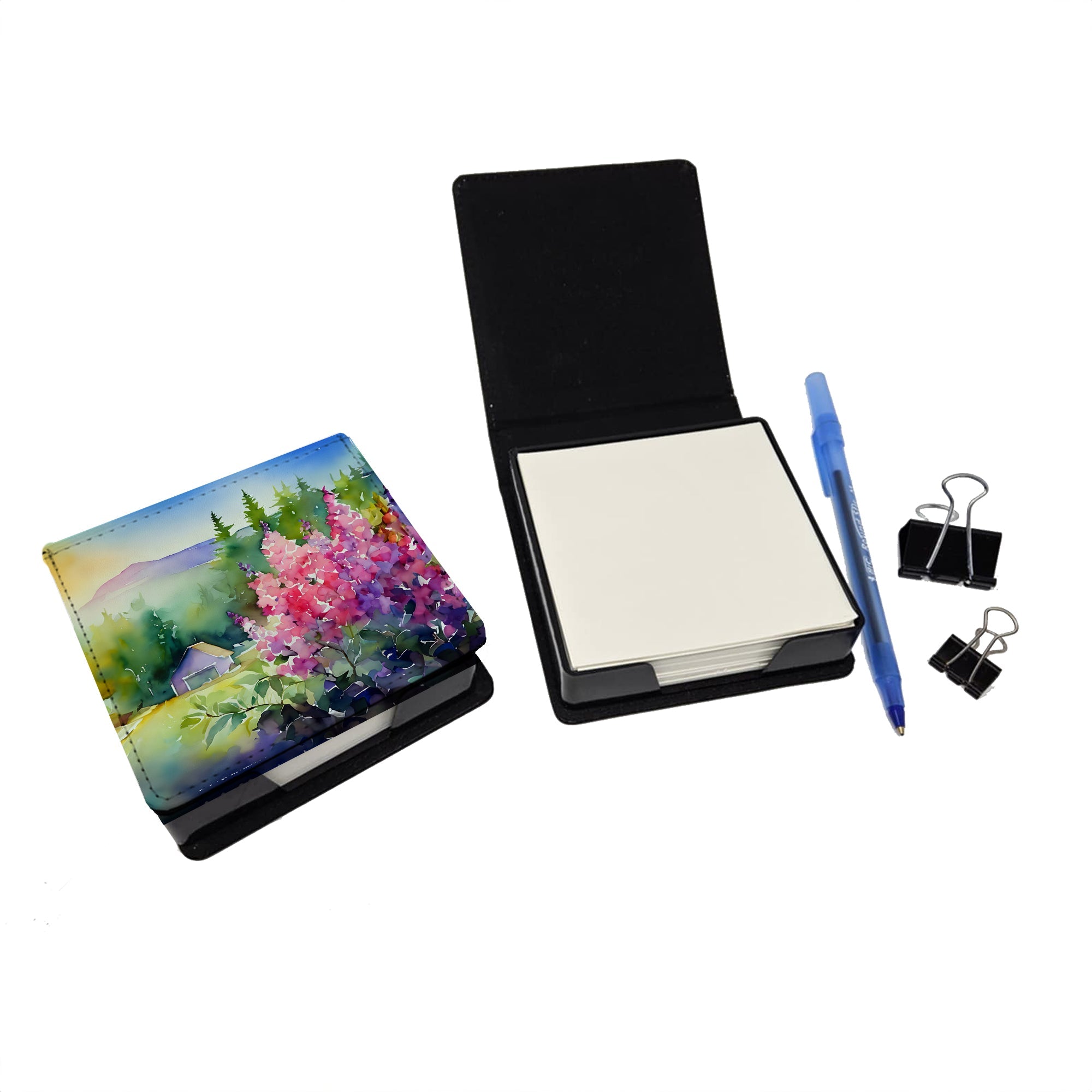 Idaho Syringa in Watercolor PU Leather Note Paper Holder with Artist-Designed Cover, Desk Accessory, Office Gift