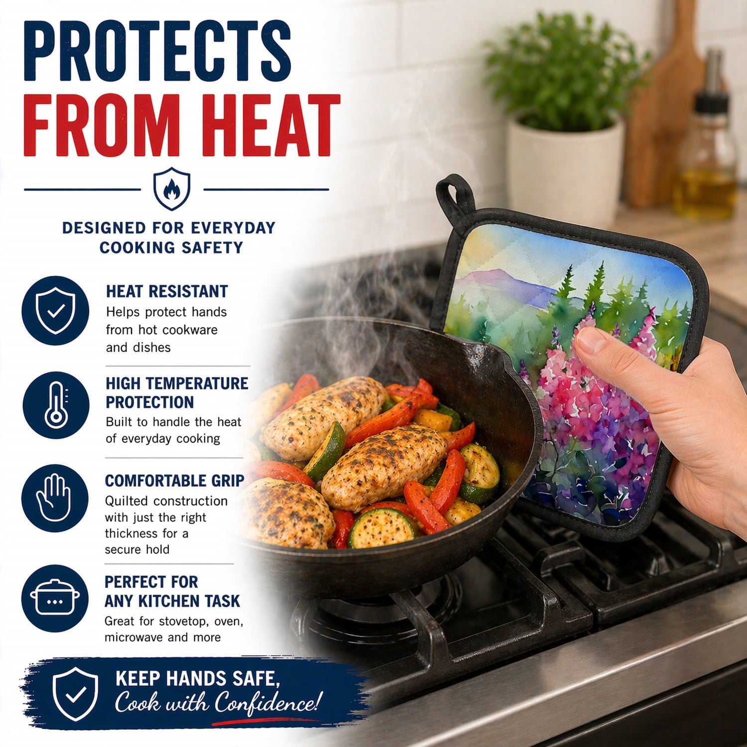 Idaho Syringa in Watercolor Pot Holder Set of 2 Heat Resistant Quilted Hot Pads 7.5 x 7.5 Inch, Insulated Kitchen Trivets for Cooking & Baking