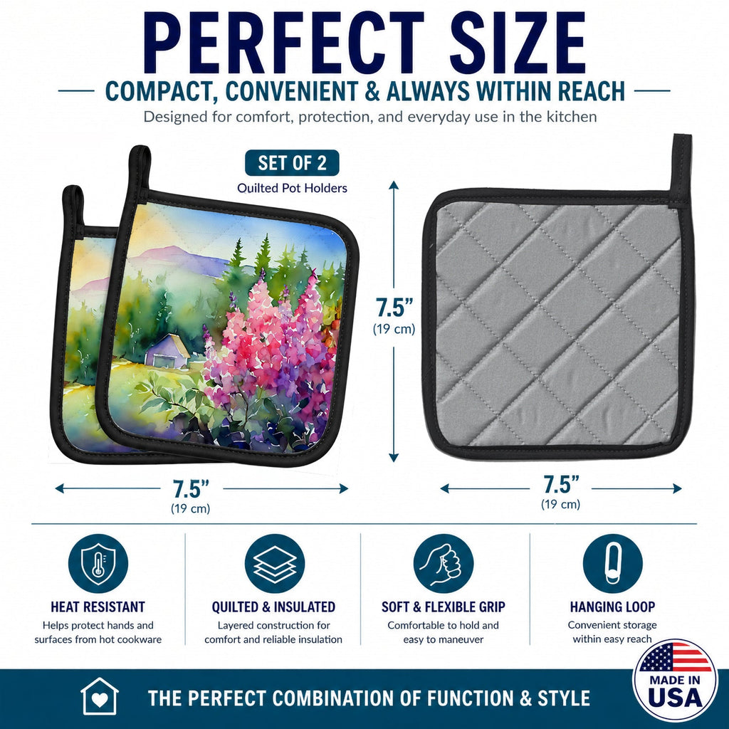 Idaho Syringa in Watercolor Pot Holder Set of 2 Heat Resistant Quilted Hot Pads 7.5 x 7.5 Inch, Insulated Kitchen Trivets for Cooking & Baking