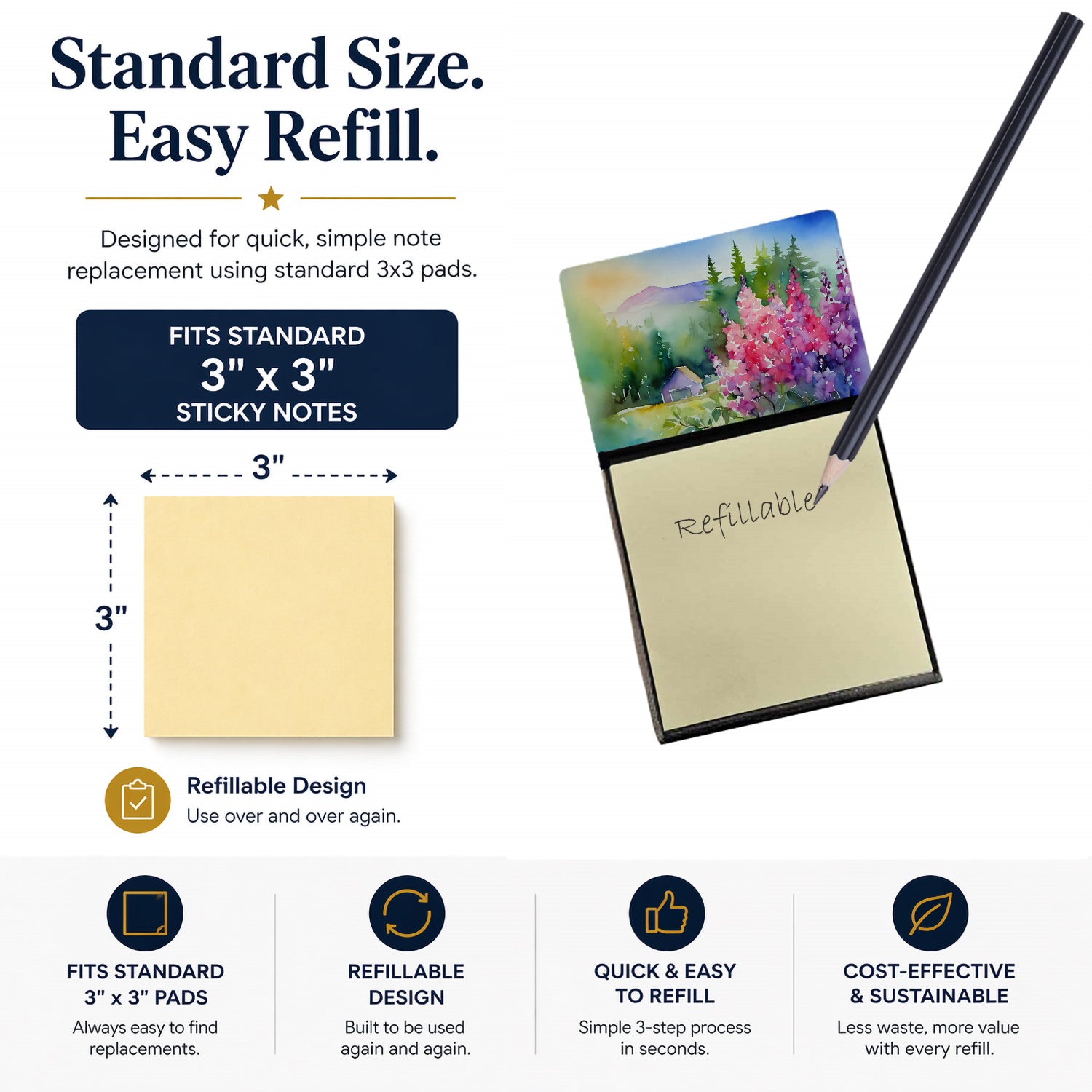 Idaho Syringa in Watercolor Watercolor Sticky Note Holder Refillable Dispenser Desk Accessory 3x3 Pad Gift