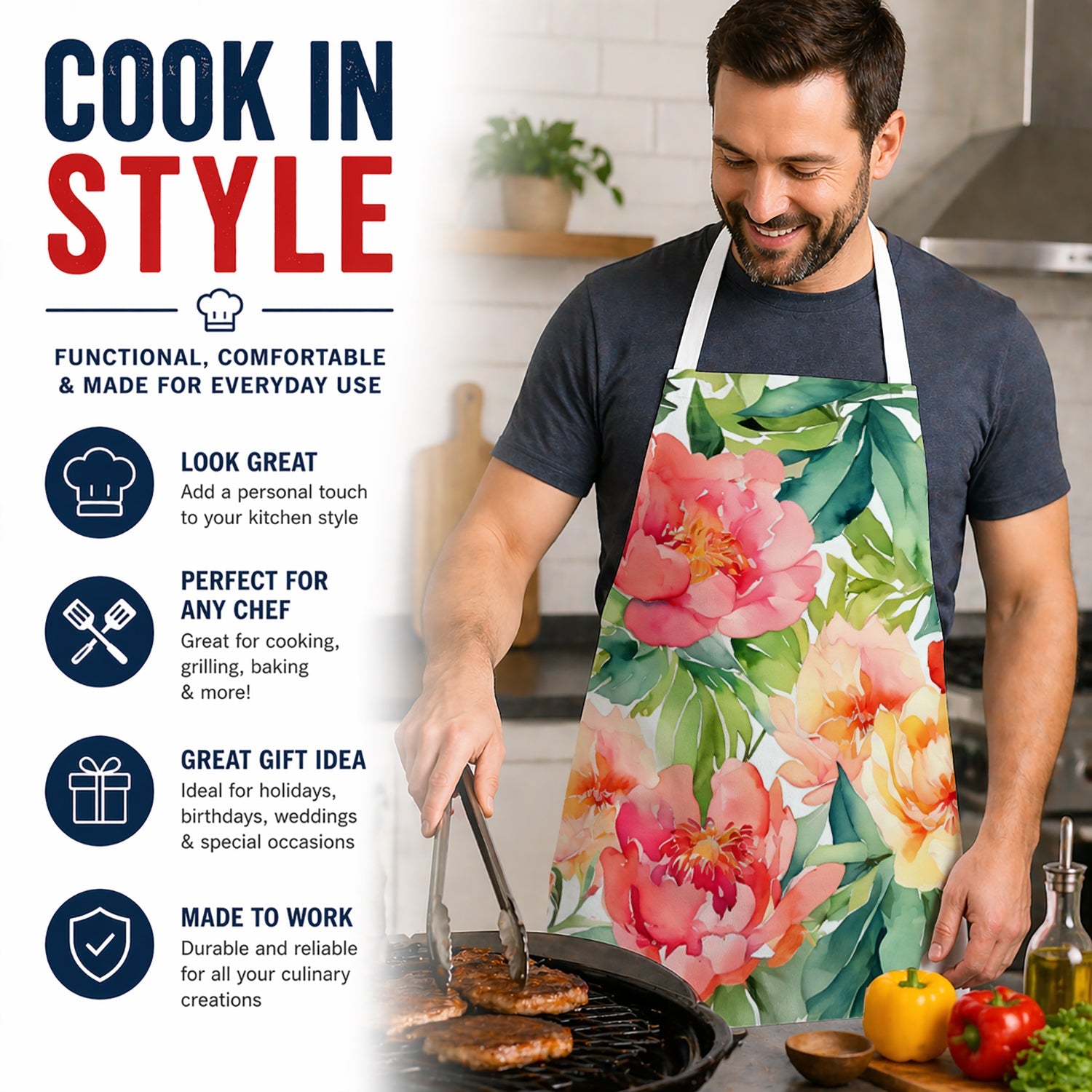 Indiana Peonies in Watercolor Apron Cooking Kitchen Server Baking Crafts Gardening for Adult Women Men, Unisex, Large, Multicolor