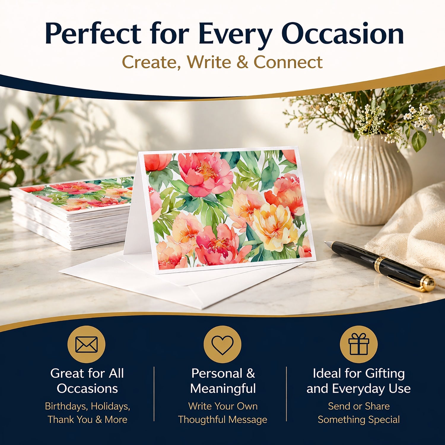 Indiana Peonies in Watercolor Greeting Cards Pack of 8 Blank Cards with Envelopes Whimsical A7 Size 5x7