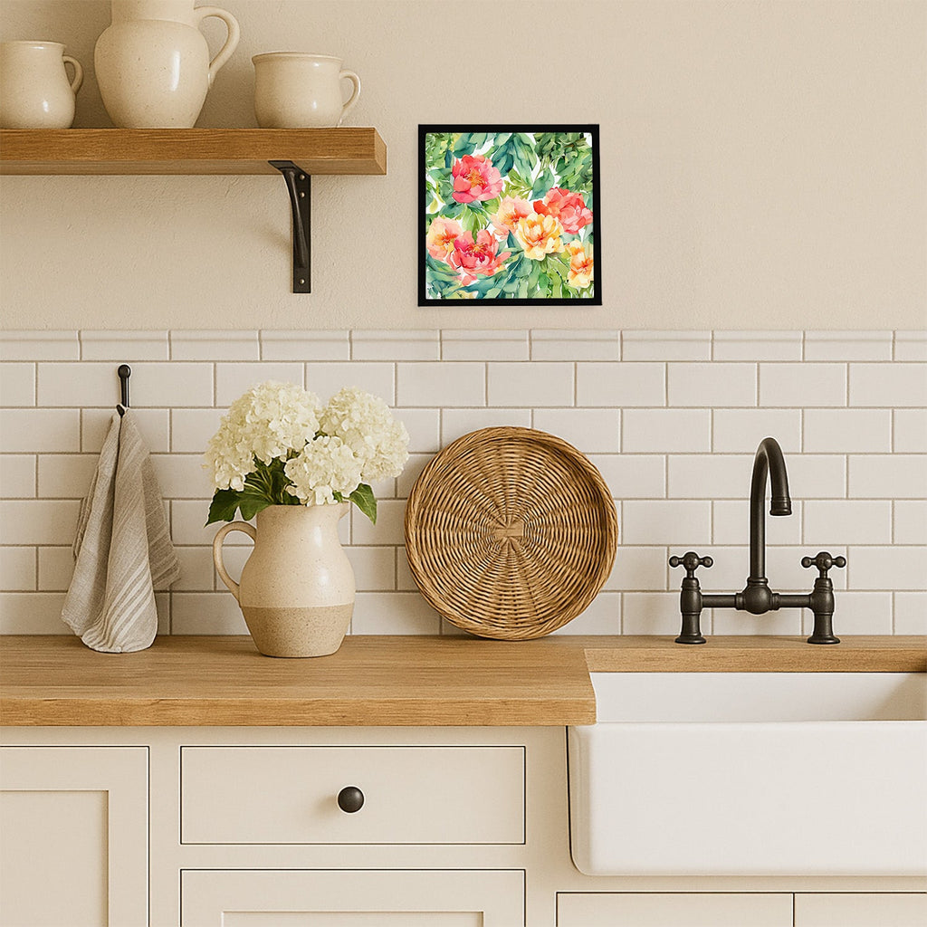 Indiana Peonies in Watercolor Framed Metal Print Bathroom, Kitchen, Office, Home Decor Wall Art Ready to Hang, Square, 8X8