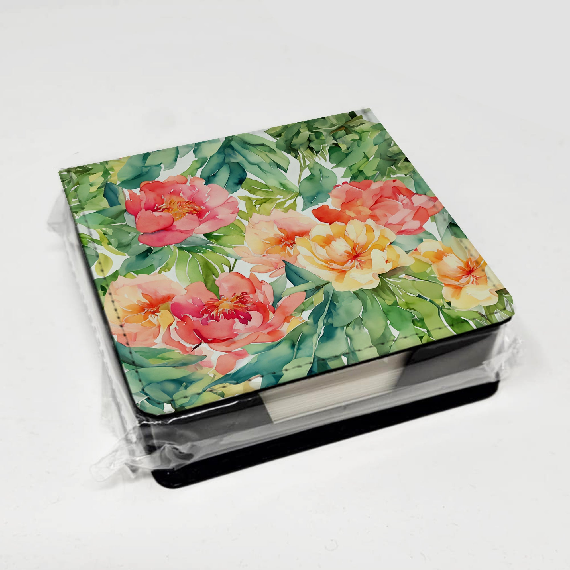 Indiana Peonies in Watercolor PU Leather Note Paper Holder with Artist-Designed Cover, Desk Accessory, Office Gift