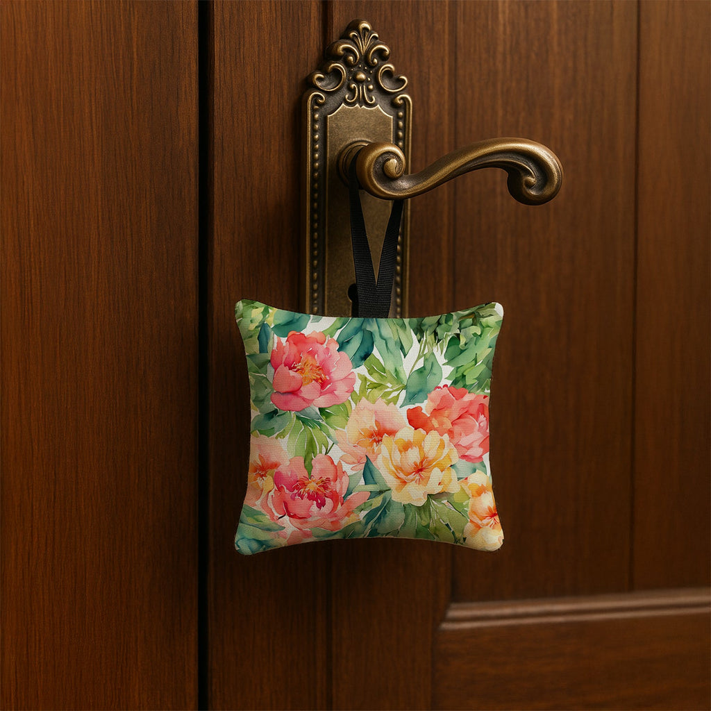 Indiana Peonies in Watercolor Hanging Square Fabric Ornament 3.5 × 3.5 Decorative Door-Knob & Tree Hanger, Soft Fabric