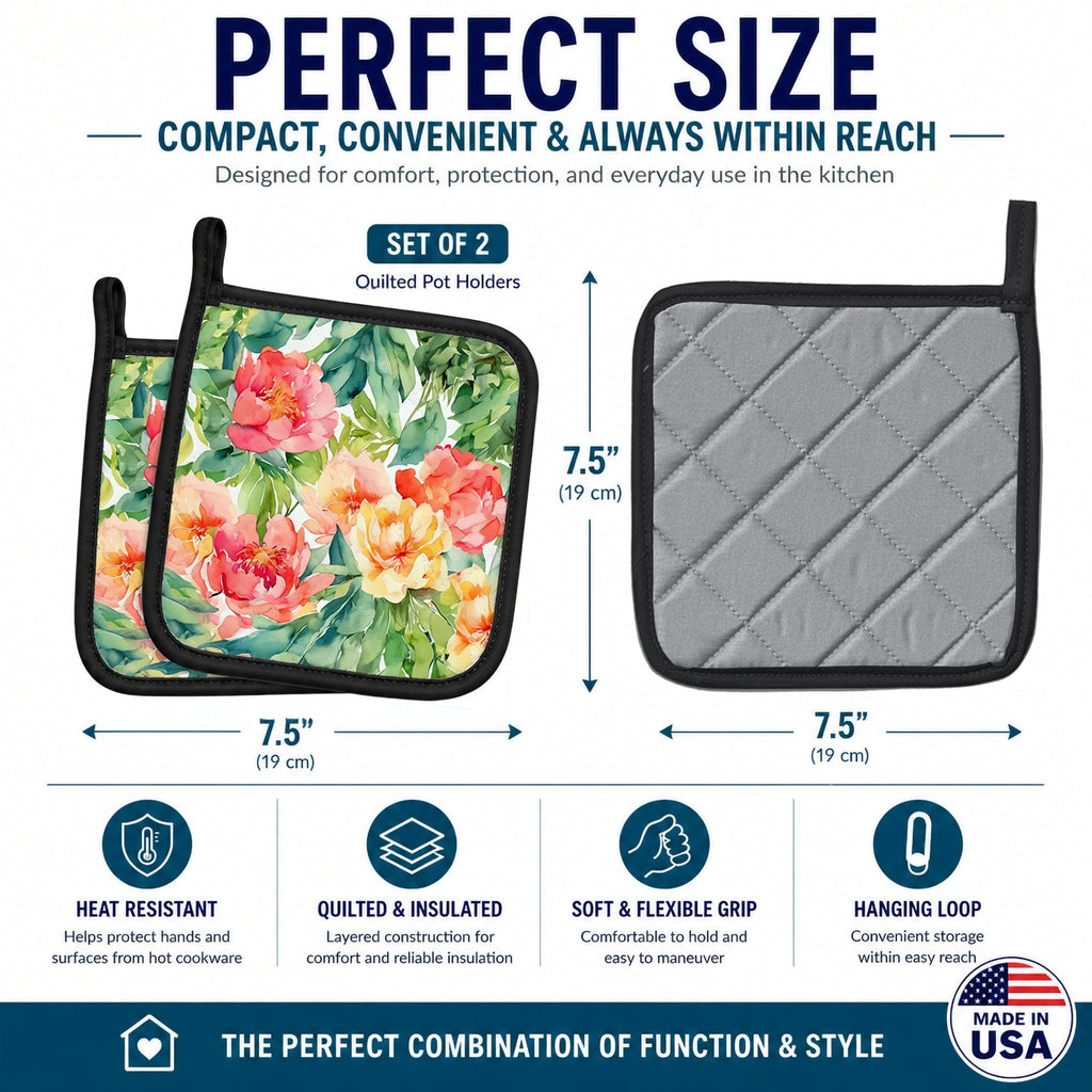 Indiana Peonies in Watercolor Pot Holder Set of 2 Heat Resistant Quilted Hot Pads 7.5 x 7.5 Inch, Insulated Kitchen Trivets for Cooking & Baking