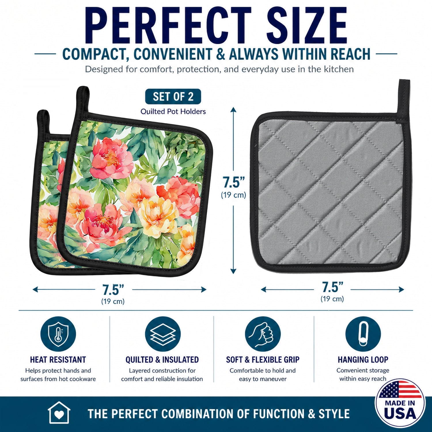 Indiana Peonies in Watercolor Pot Holder Set of 2 Heat Resistant Quilted Hot Pads 7.5 x 7.5 Inch, Insulated Kitchen Trivets for Cooking & Baking