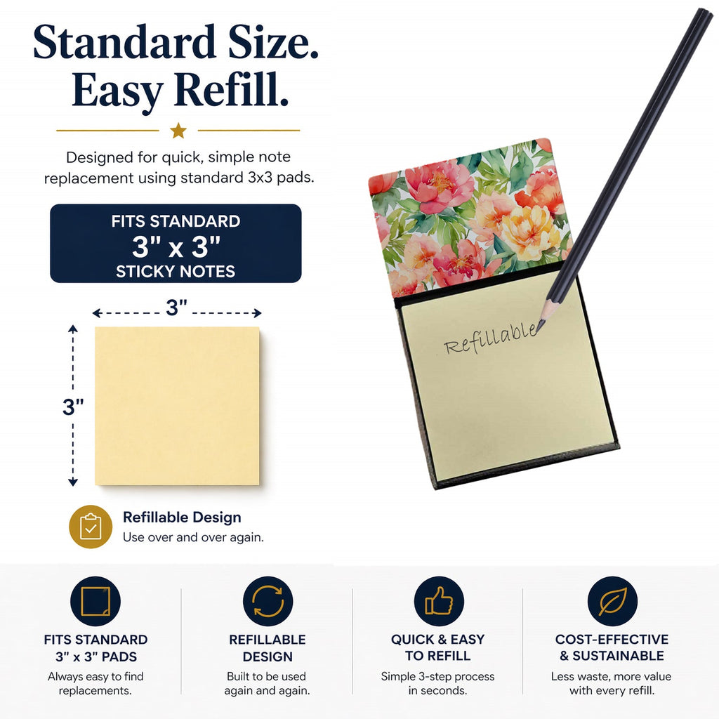 Indiana Peonies in Watercolor Watercolor Sticky Note Holder Refillable Dispenser Desk Accessory 3x3 Pad Gift