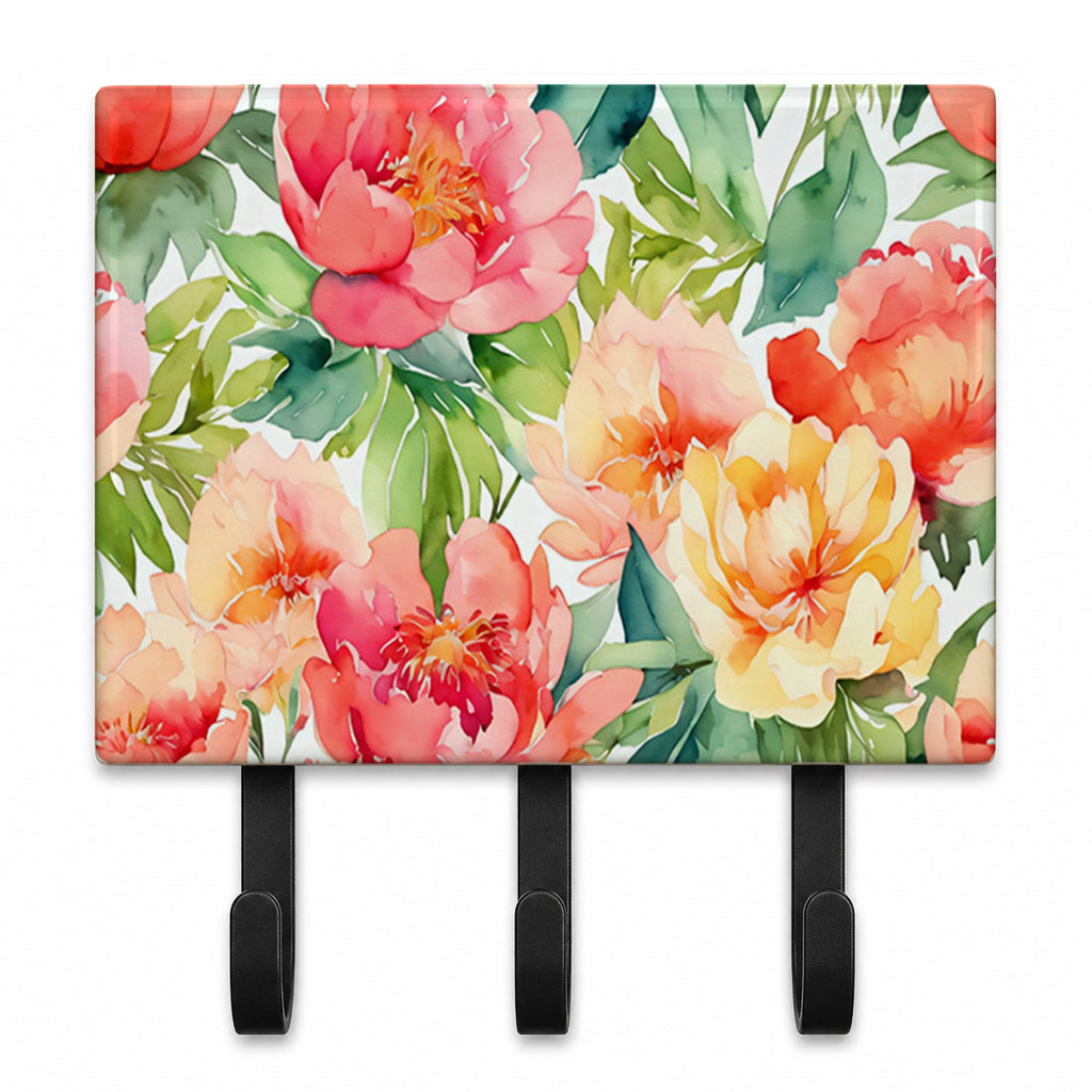 Indiana Peonies in Watercolor Leash or Key Holder Wall Hooks, Coat Rack Wall Mount, for Hanging Keys, Towels, Aprons, Leashes