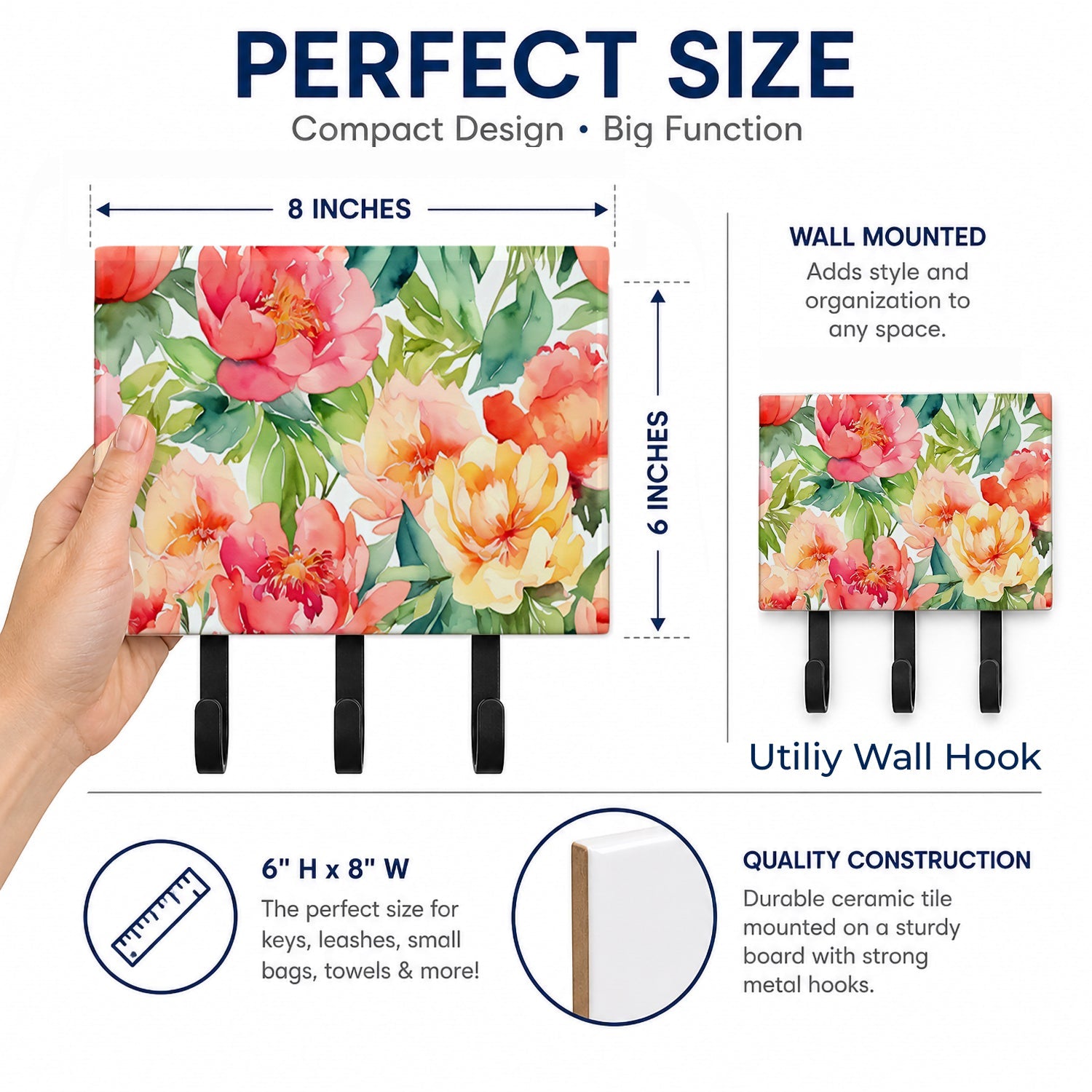 Indiana Peonies in Watercolor Leash or Key Holder Wall Hooks, Coat Rack Wall Mount, for Hanging Keys, Towels, Aprons, Leashes