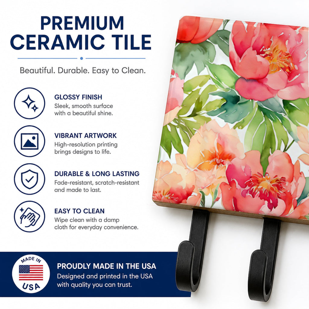 Indiana Peonies in Watercolor Leash or Key Holder Wall Hooks, Coat Rack Wall Mount, for Hanging Keys, Towels, Aprons, Leashes
