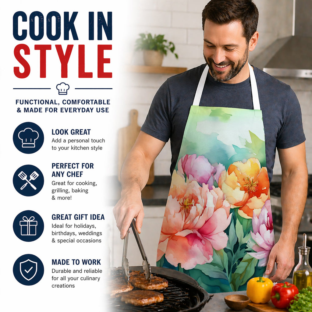 Indiana Peonies in Watercolor Apron Cooking Kitchen Server Baking Crafts Gardening for Adult Women Men, Unisex, Large, Multicolor