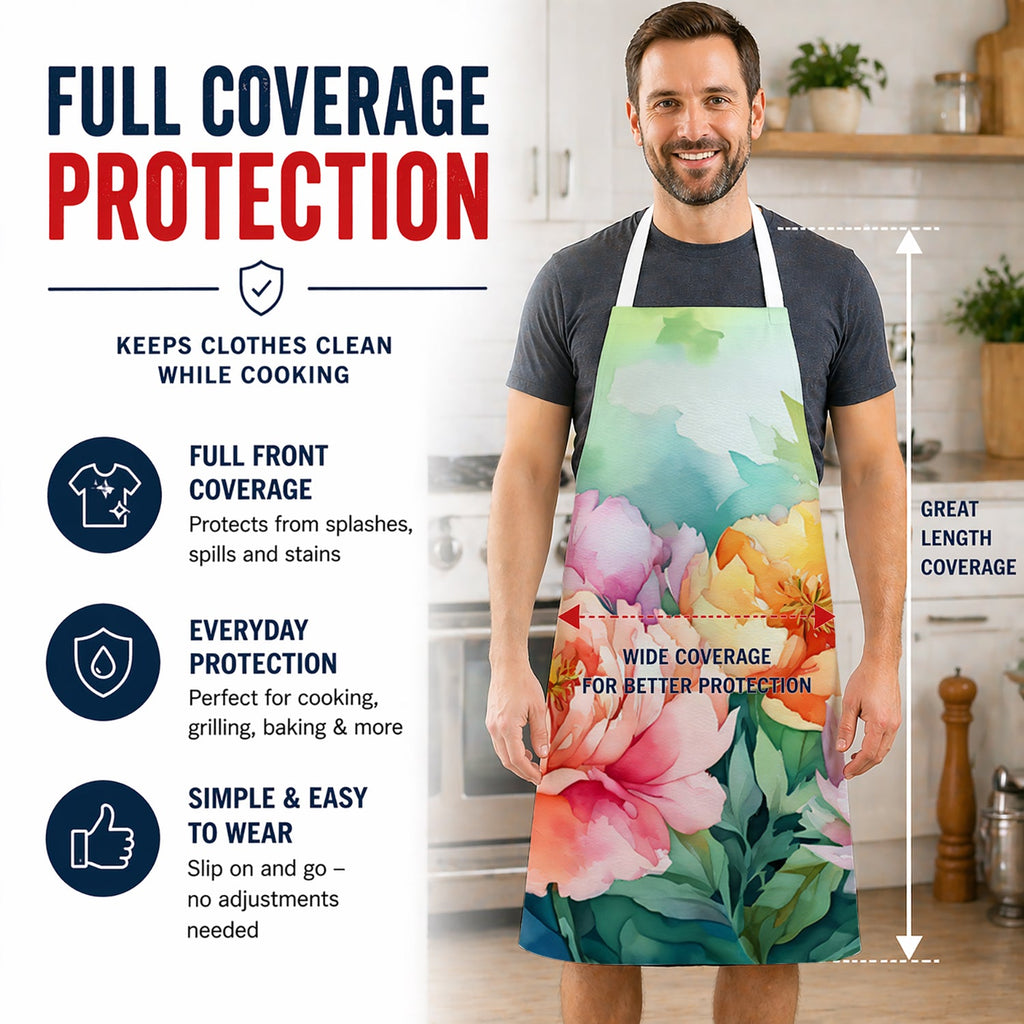Indiana Peonies in Watercolor Apron Cooking Kitchen Server Baking Crafts Gardening for Adult Women Men, Unisex, Large, Multicolor
