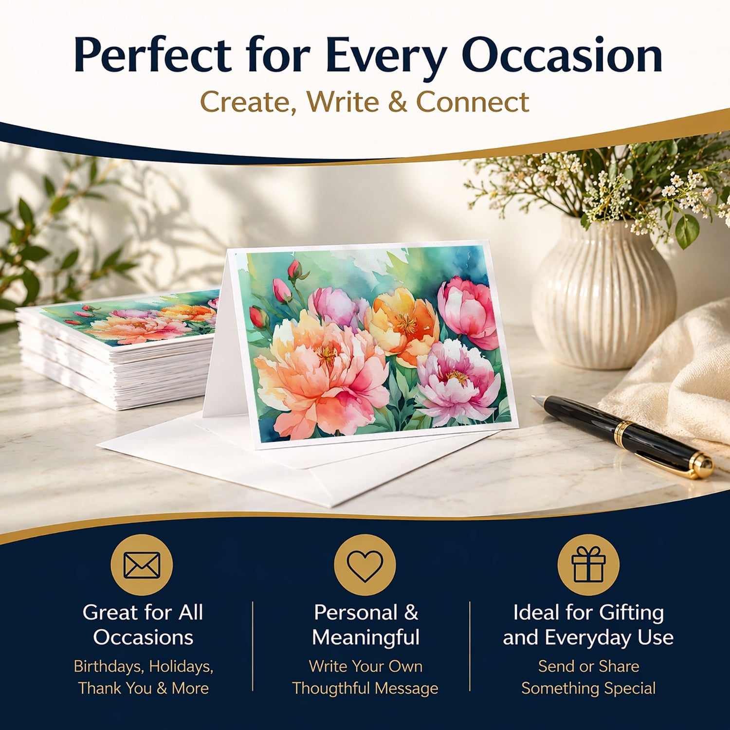 Indiana Peonies in Watercolor Greeting Cards Pack of 8 Blank Cards with Envelopes Whimsical A7 Size 5x7