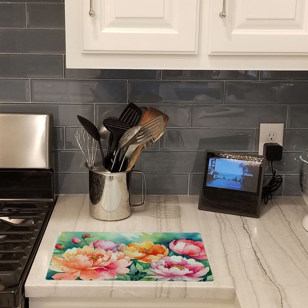 Indiana Peonies in Watercolor Cutting Board Tempered Glass Kitchen Cutting Surface, Heat Resistant Chopping, Non-Slip Feet, Food Prep & Serving