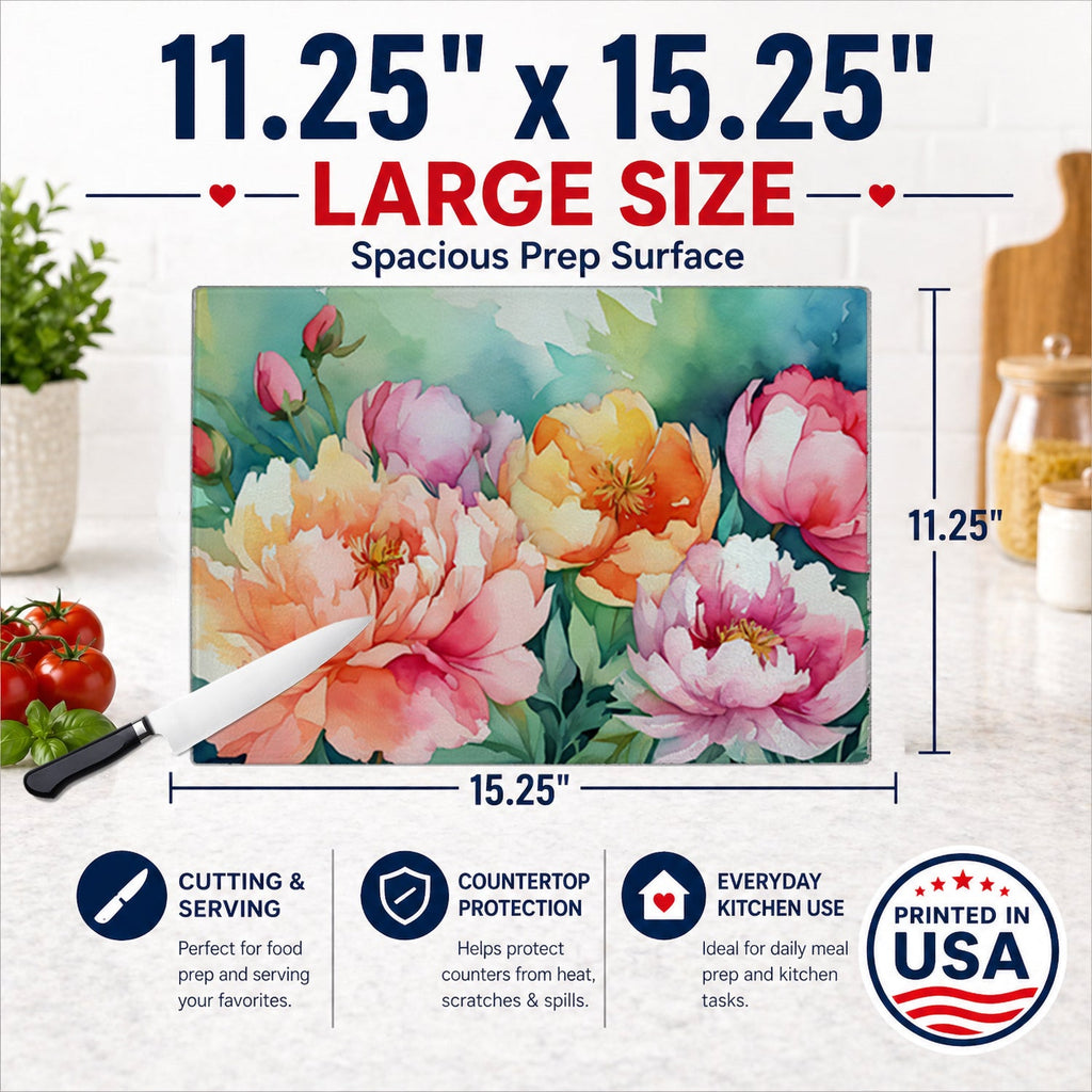 Indiana Peonies in Watercolor Cutting Board Tempered Glass Kitchen Cutting Surface, Heat Resistant Chopping, Non-Slip Feet, Food Prep & Serving
