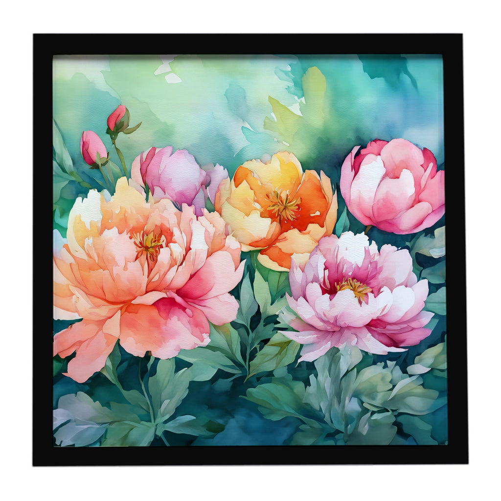 Indiana Peonies in Watercolor Framed Metal Print Bathroom, Kitchen, Office, Home Decor Wall Art Ready to Hang, Square, 8X8