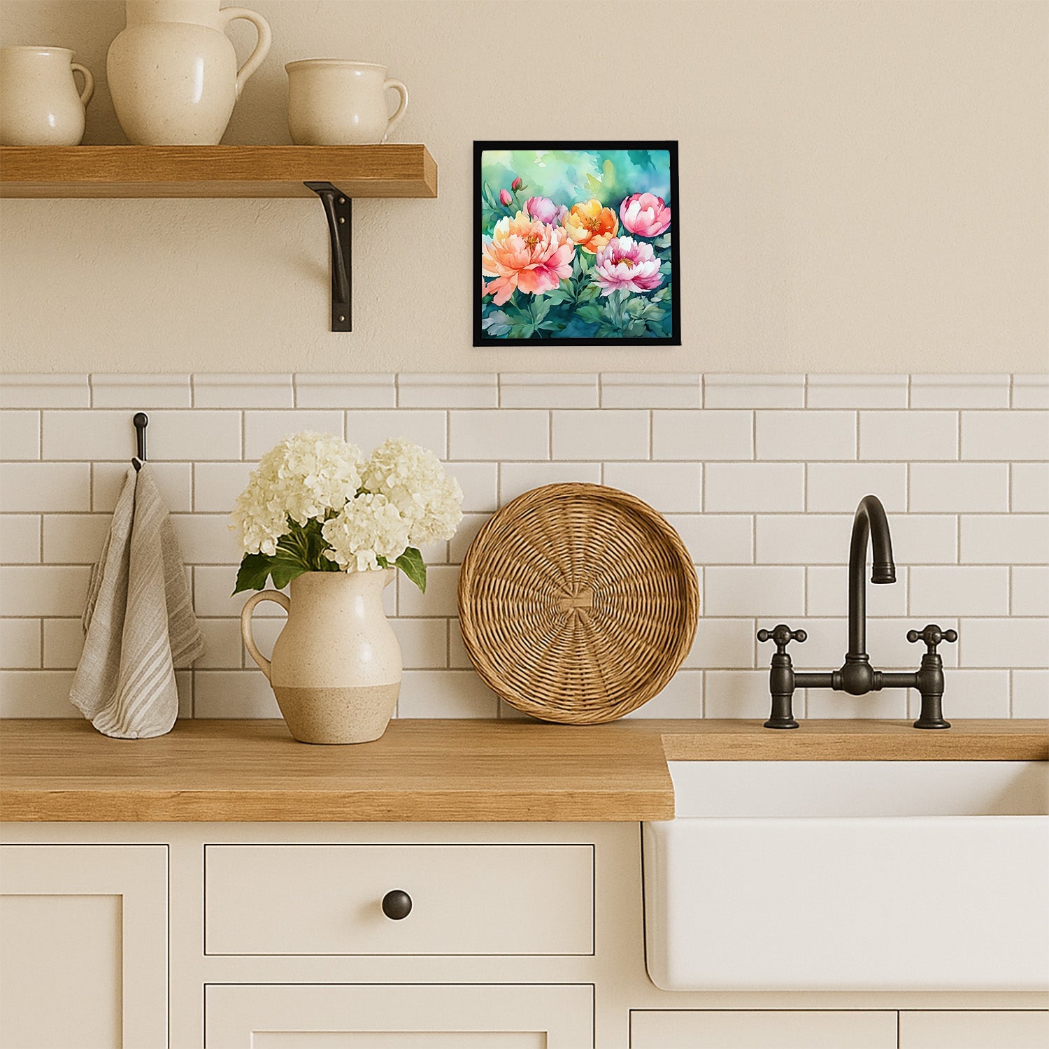 Indiana Peonies in Watercolor Framed Metal Print Bathroom, Kitchen, Office, Home Decor Wall Art Ready to Hang, Square, 8X8