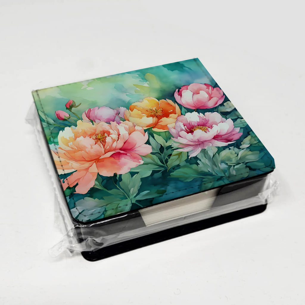 Indiana Peonies in Watercolor PU Leather Note Paper Holder with Artist-Designed Cover, Desk Accessory, Office Gift