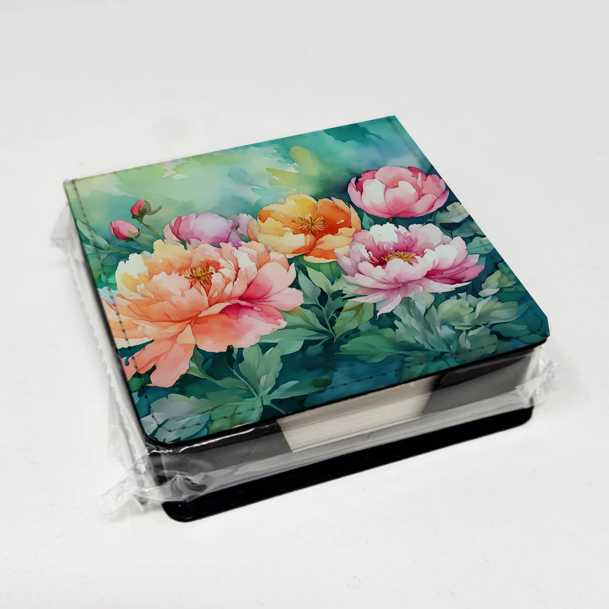 Indiana Peonies in Watercolor PU Leather Note Paper Holder with Artist-Designed Cover, Desk Accessory, Office Gift