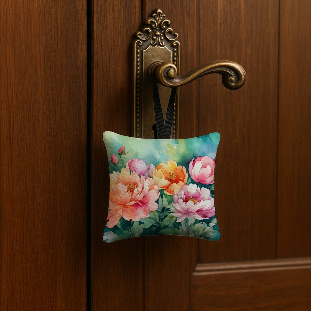 Indiana Peonies in Watercolor Hanging Square Fabric Ornament 3.5 × 3.5 Decorative Door-Knob & Tree Hanger, Soft Fabric
