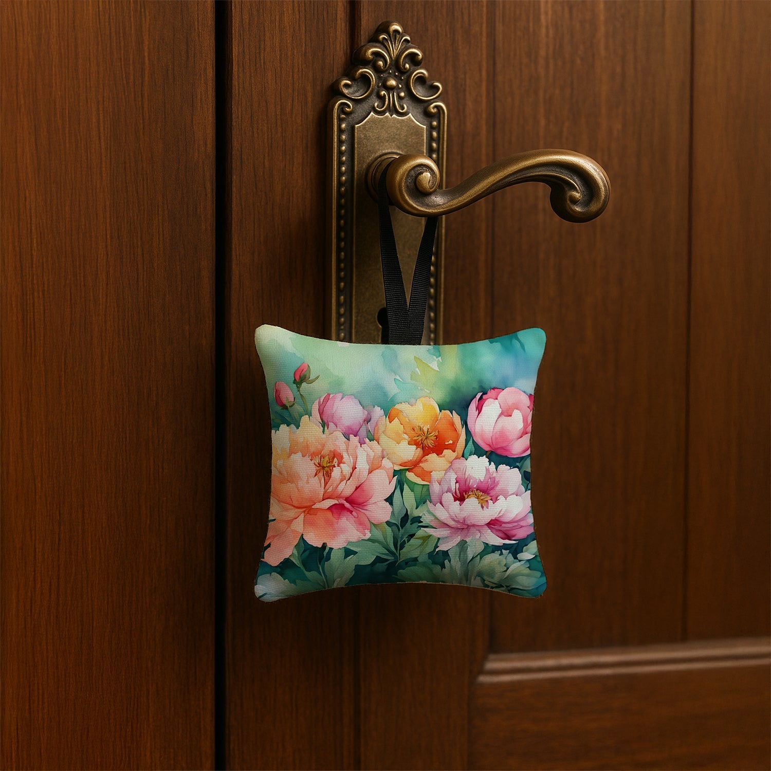 Indiana Peonies in Watercolor Hanging Square Fabric Ornament 3.5 × 3.5 Decorative Door-Knob & Tree Hanger, Soft Fabric