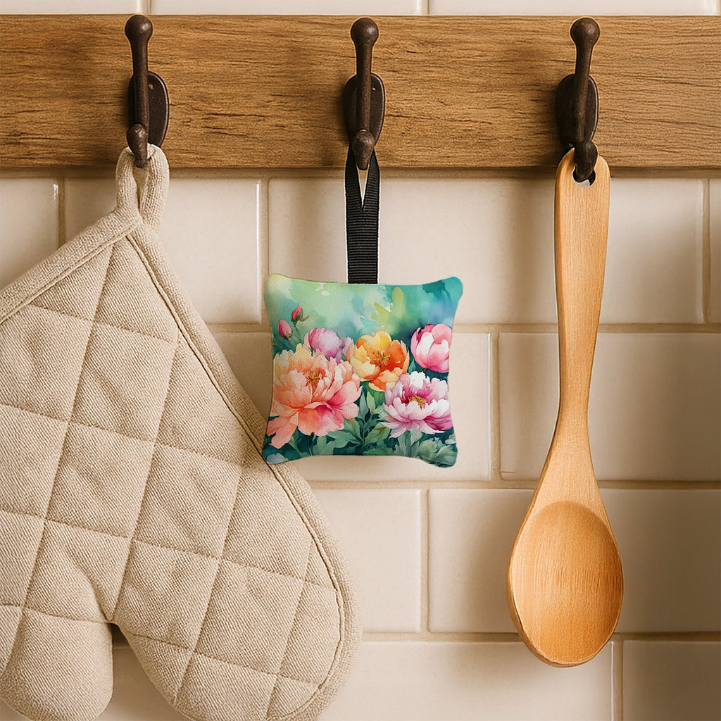 Indiana Peonies in Watercolor Hanging Square Fabric Ornament 3.5 × 3.5 Decorative Door-Knob & Tree Hanger, Soft Fabric