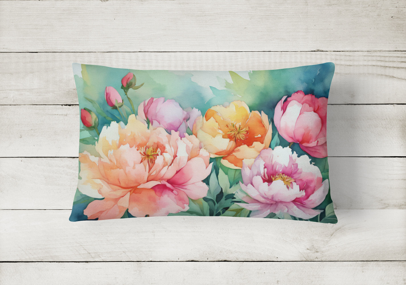 Indiana Peonies in Watercolor Decorative Throw Pillow 12x16 Indoor Outdoor Accent Cushion, Fabric Cover with Insert for Sofa, Bed, Porch & Living Room