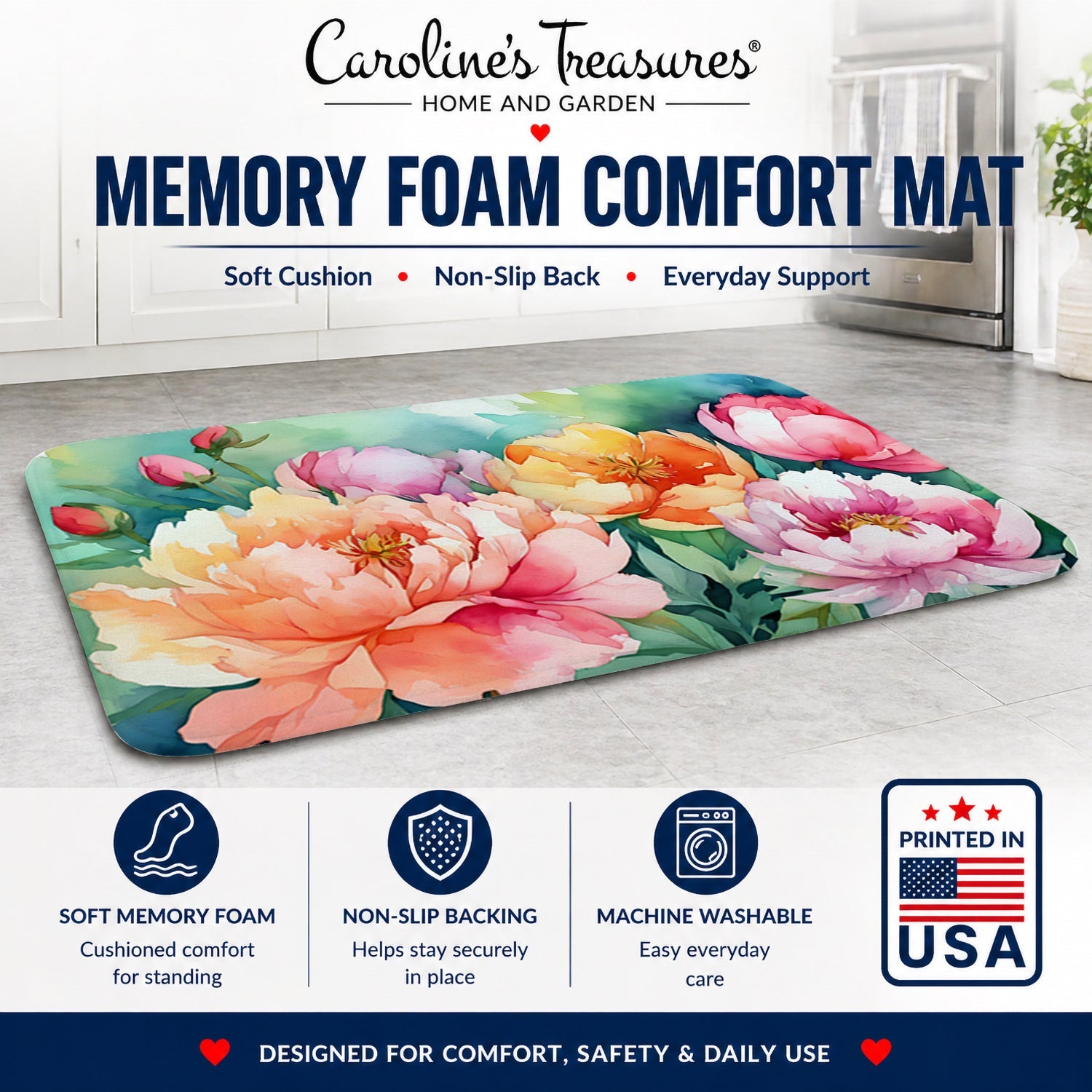Indiana Peonies in Watercolor Memory Foam Kitchen Mat Machine Washable Anti-Fatigue Cushion Comfort Bath or Kitchen Rug