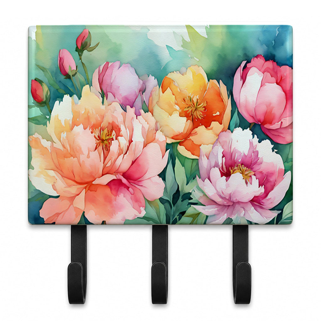 Indiana Peonies in Watercolor Leash or Key Holder Wall Hooks, Coat Rack Wall Mount, for Hanging Keys, Towels, Aprons, Leashes