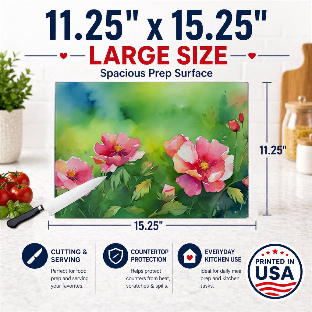 Iowa Wild Prairie Roses in Watercolor Cutting Board Tempered Glass Kitchen Cutting Surface, Heat Resistant Chopping, Non-Slip Feet, Food Prep & Serving