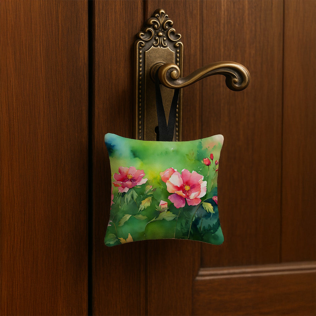 Iowa Wild Prairie Roses in Watercolor Hanging Square Fabric Ornament 3.5 × 3.5 Decorative Door-Knob & Tree Hanger, Soft Fabric