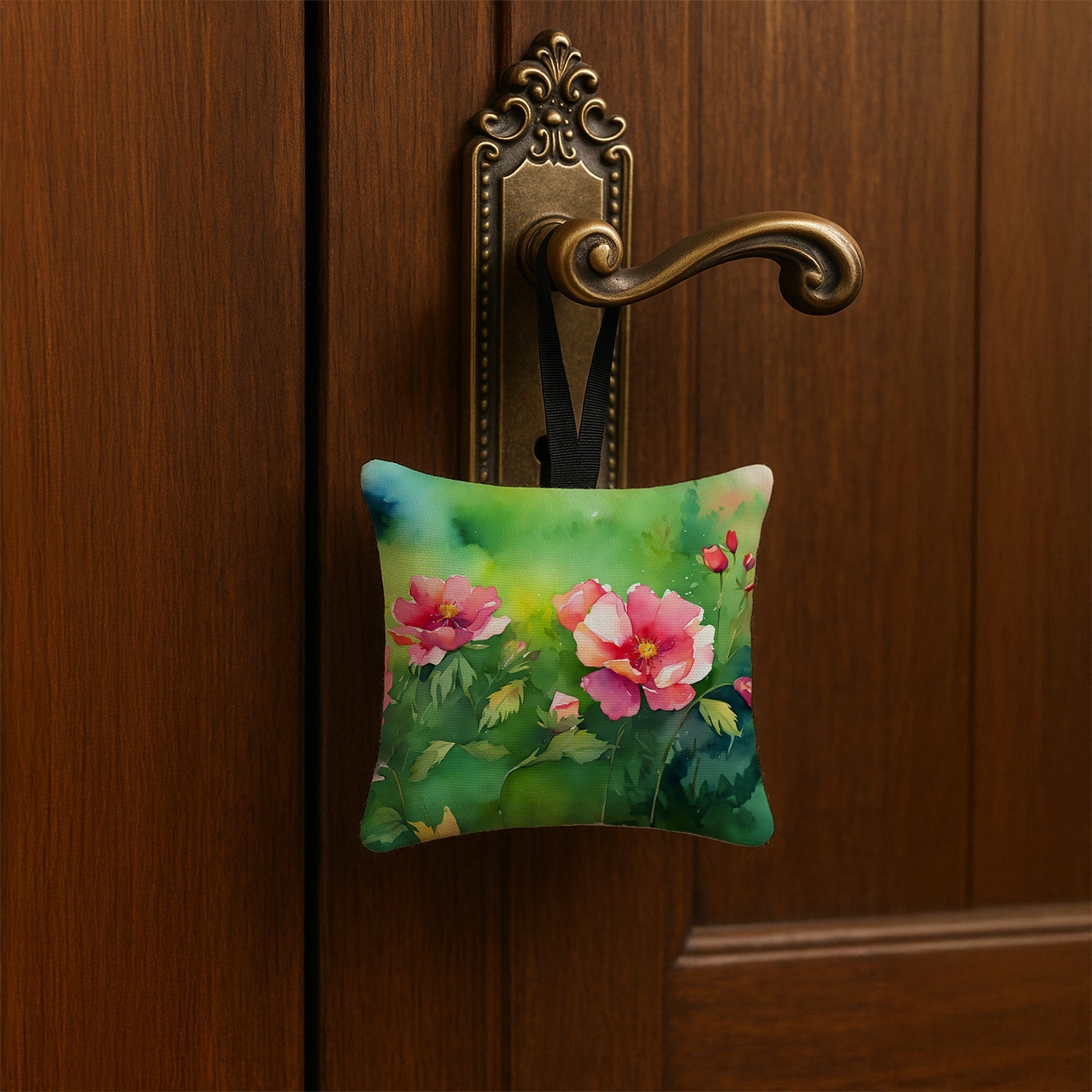 Iowa Wild Prairie Roses in Watercolor Hanging Square Fabric Ornament 3.5 × 3.5 Decorative Door-Knob & Tree Hanger, Soft Fabric