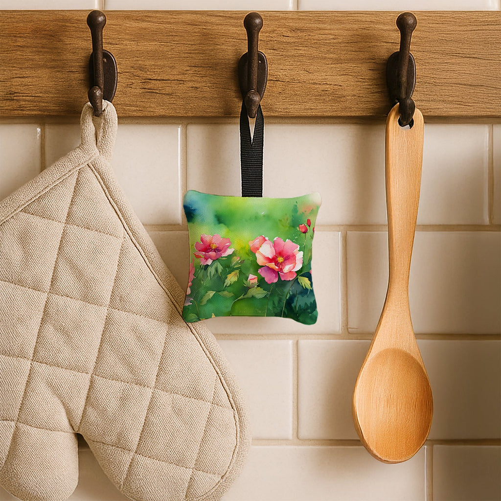 Iowa Wild Prairie Roses in Watercolor Hanging Square Fabric Ornament 3.5 × 3.5 Decorative Door-Knob & Tree Hanger, Soft Fabric